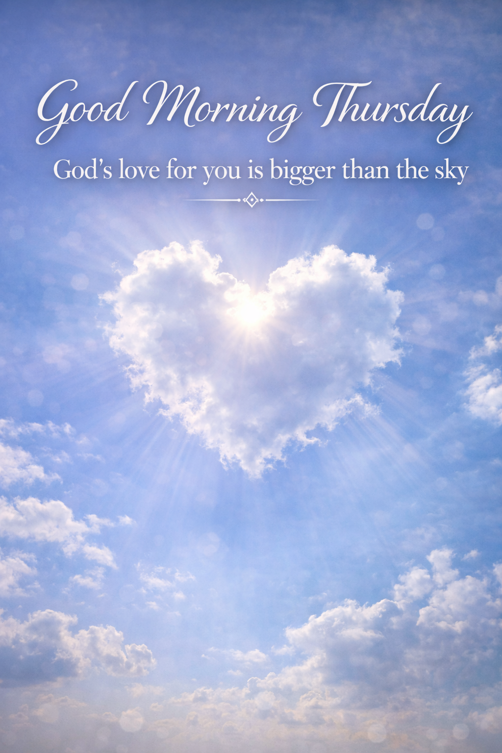 Heart-shaped cloud in blue sky with sunlight streaming through, "Good Morning Thursday — God's love for you is bigger than the sky" in white — uplifting WhatsApp